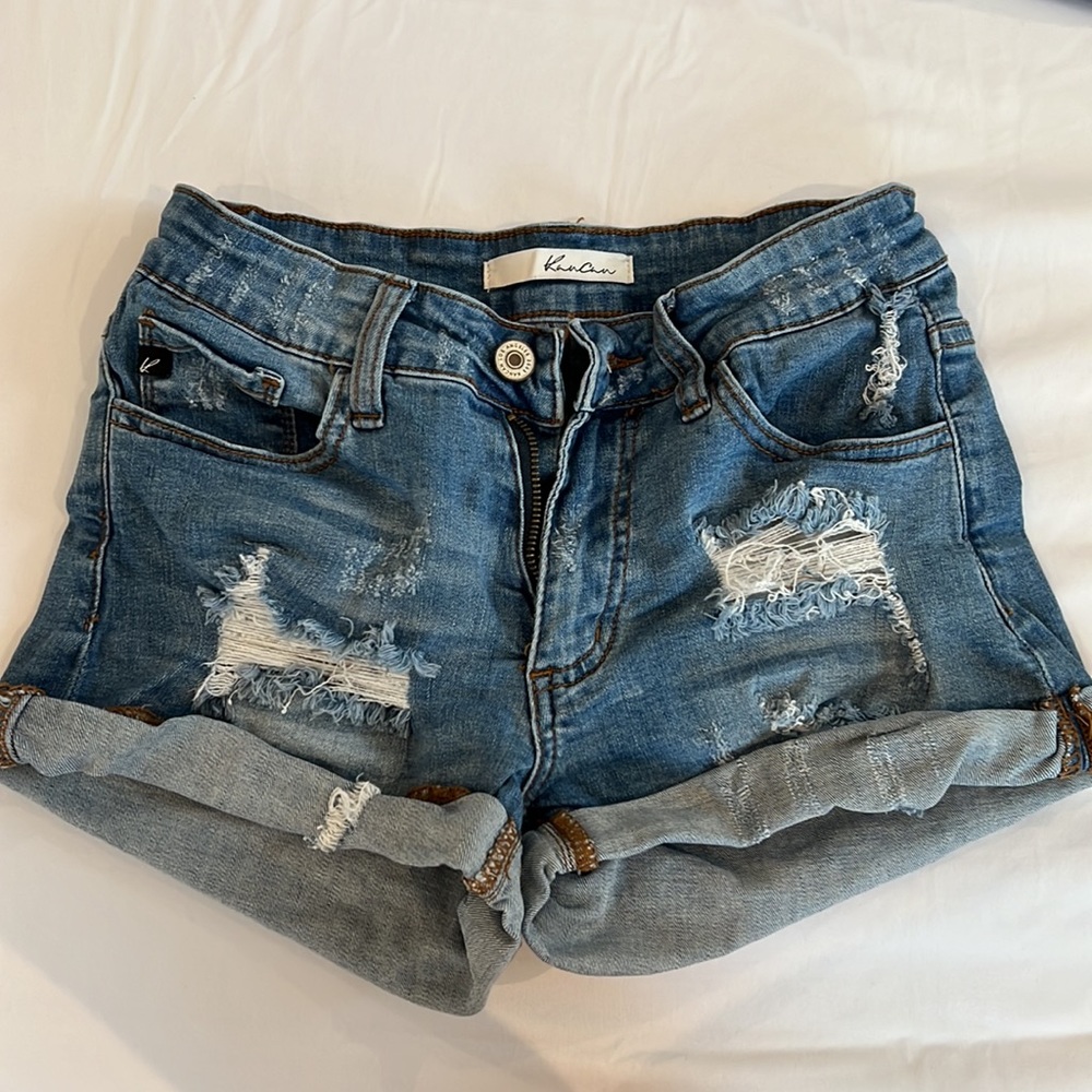 Women size 25 blue Jeans shorts distressed ripped details stretchy folded hem